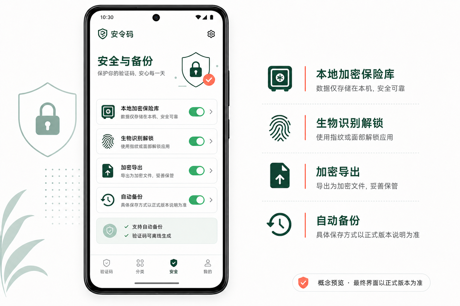 安令码安全与备份原创概念界面，展示本地加密、生物识别、加密导出和自动备份